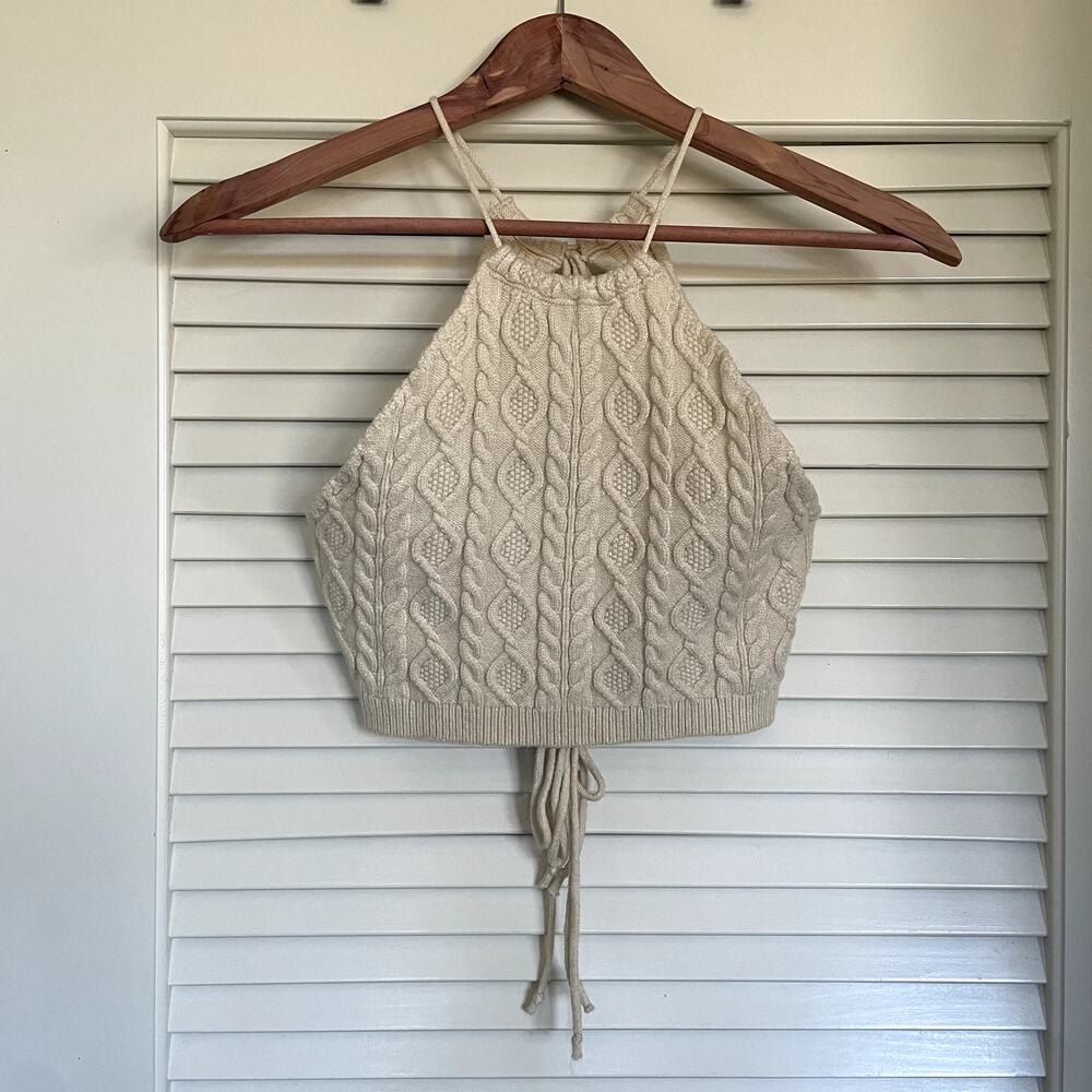 blanc Two Piece Cable Knit Cream Halter Crop Top Mini Skirt Set Size Medium - Picture 2 of 12